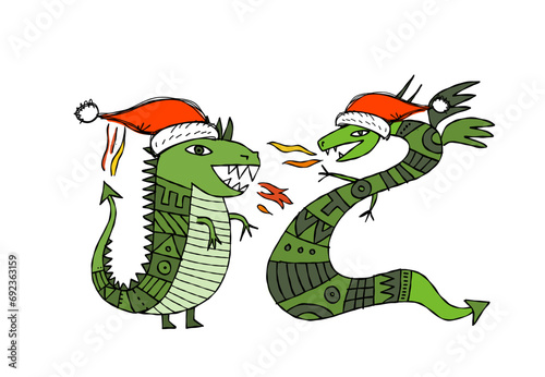 Couple of Dragons character with Santa hats. Symbol of Chinese New Year 2024 ...