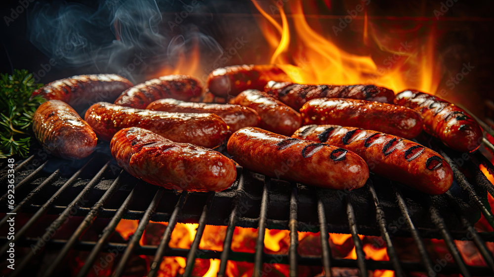 Sausages on a grill with smoke and burning embers AI Generative