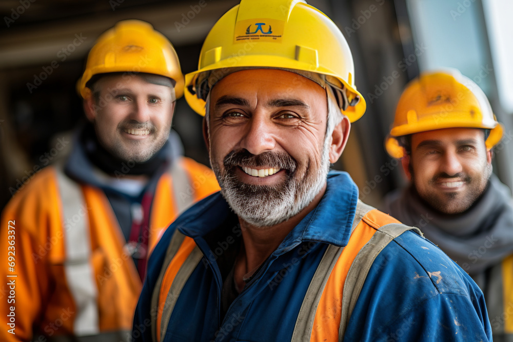 Happy team construction worker at construction site, generative ai Happy team construction worker at construction site, generative ai