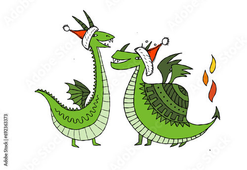Couple of Dragons character with Santa hats. Symbol of Chinese New Year 2024 ...