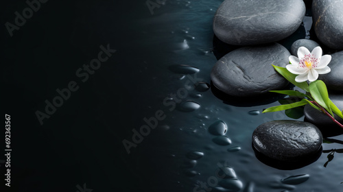 Moody spa background with stones and water on dark background