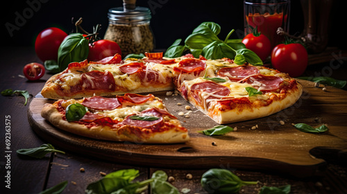 Sliced pizza with melted cheese salami basil topping AI Generative