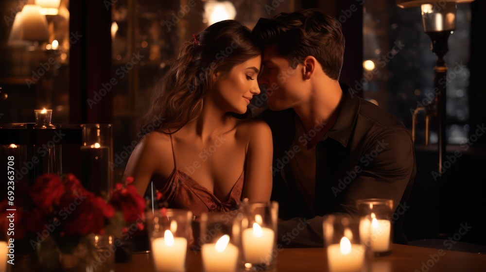 Romantic Valentine s Day Date at Candlelit Restaurant ,Loving Couple with Roses Romantic Valentine s Day Date at Candlelit Restaurant ,Loving Couple with Roses