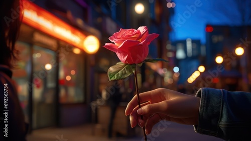 Special Valentine s Evening Young Woman Surprises with a Rose at a Restaurant photo