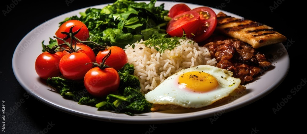 At the green-themed restaurant, a gourmet meal was served on a healthy plate, featuring a red tomato, rice, and vegetables, alongside meat, eggs, and a delightful breakfast, making it a satisfying At the green-themed restaurant, a gourmet meal was served on a healthy plate, featuring a red tomato, rice, and vegetables, alongside meat, eggs, and a delightful breakfast, making it a satisfying