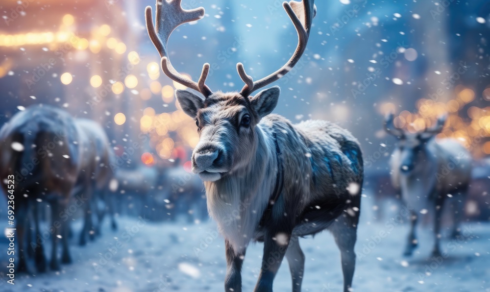 Winter Wonderland: Reindeer Pulling Sleighs Through Snowy Landscape
