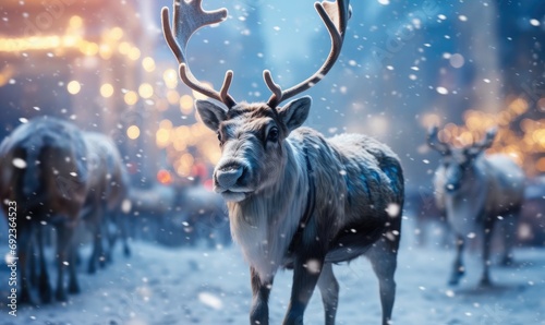 Winter Wonderland: Reindeer Pulling Sleighs Through Snowy Landscape 