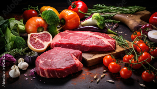 Raw meat beef slices on a wooden chopping board with fresh organic vegetables, onion, garlic, spices, peppercorn, rosemary, sea salt, cherry tomatoes and dill for cooking. Kitchen ideas. Lunch, dinner