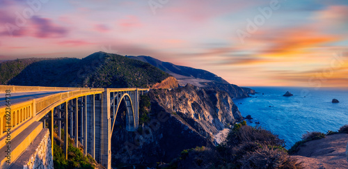 Bixby Bridge ,Rocky Creek Bridge,  and Pacific Coast Highway at sunset near Big Sur in California, USA photo