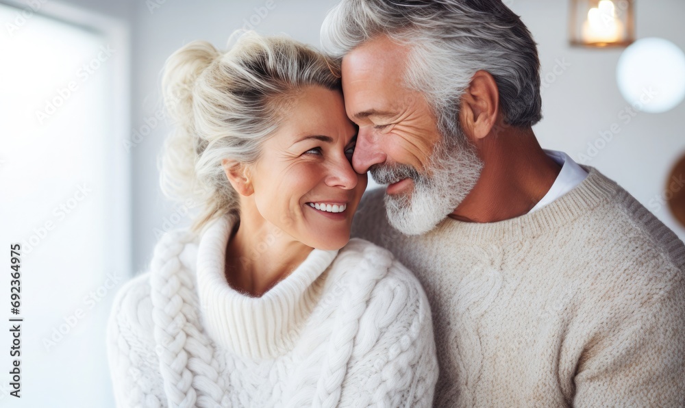 Beautiful professional mature model couple at Valetines day, candid shot of a close up of a very beautiful happy mature couple with opened round eyes wearing knitted sweater  - obrazy, fototapety, plakaty 