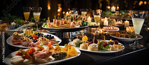 At the party, the restaurant was adorned with festive decorations that matched the holiday celebration, as guests indulged in a gourmet meal featuring canapes, appetizers, and a delectable dinner, all photo