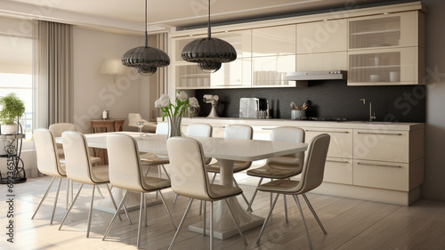 Stylish kitchen interior with dining table and chair