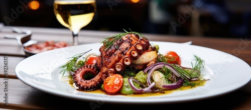 Tasty grilled octopus with veggies and white wine served at restaurant for lunch or dinner.