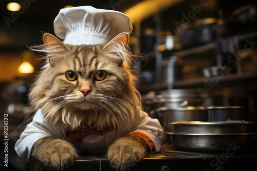 cute big cat as chef with white cap and costume in the kitchen of restaurant