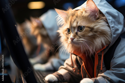 serious cat programmer working on the computer in office