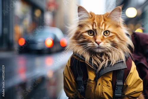 tourist cat in jacket with backpack on city street