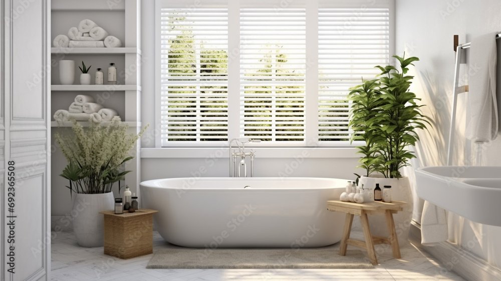 White cozy bathroom interior farmhouse style 3d render boho concept White cozy bathroom interior farmhouse style 3d render boho concept