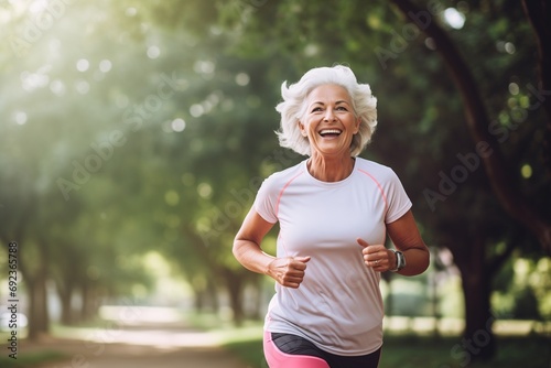 Portrait of smiling senior woman jogging in park on a sunny day. photo