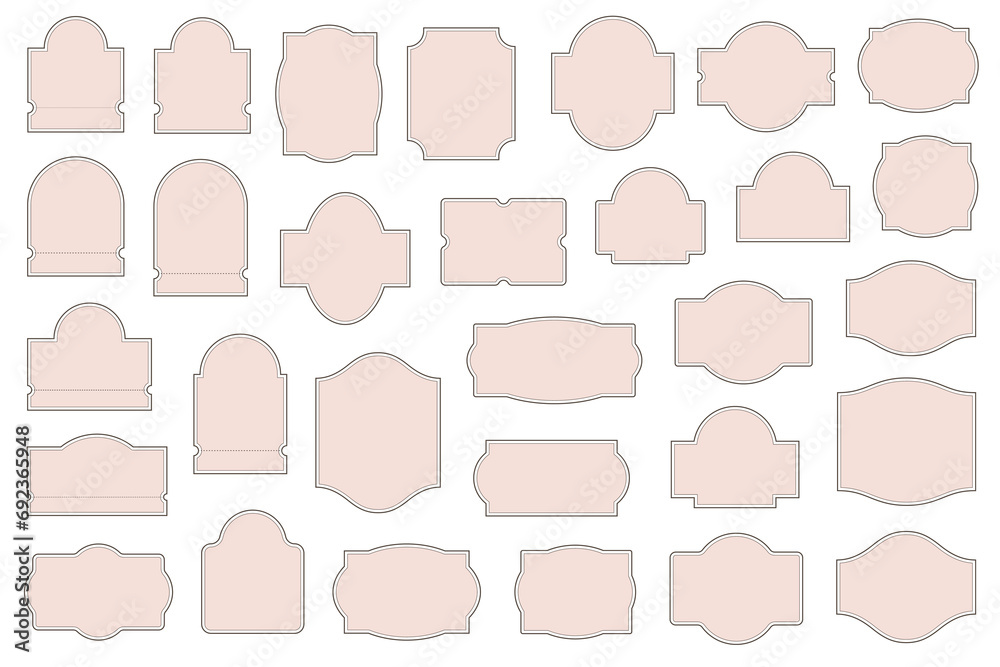 A set of outlined light pink banners and frames, blank shape for title label A set of outlined light pink banners and frames, blank shape for title label