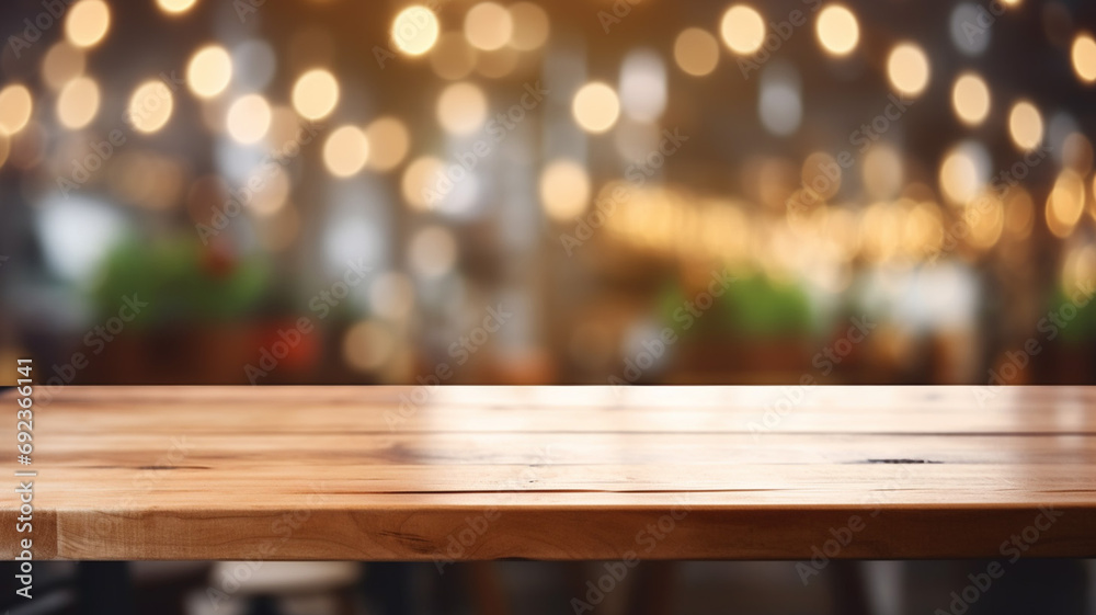 Wood table top on blurred of counter cafe shop retail