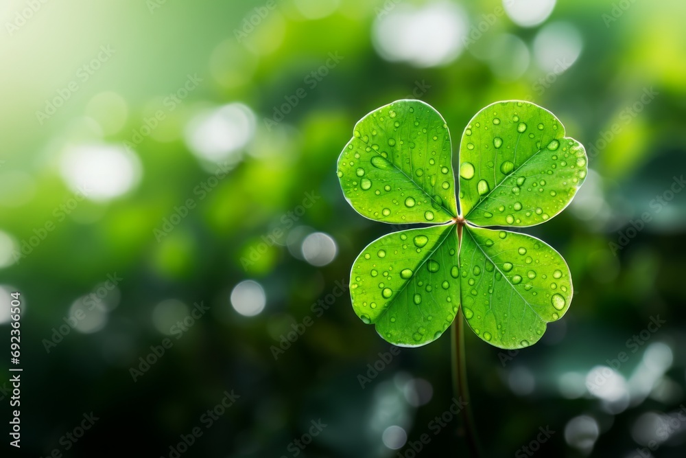 Lucky shamrock grass, four leaf clover with dew closeup Lucky shamrock grass, four leaf clover with dew closeup