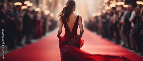 Woman in elegant red gown walking down celebrity red carpet event. Fashion and glamour. © Postproduction