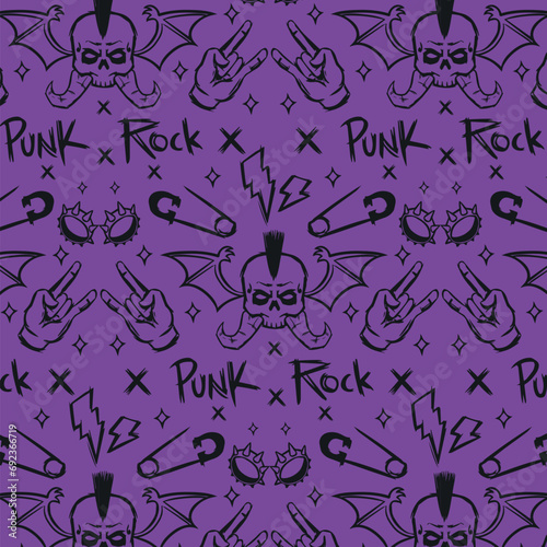 Hand drawn scream punk rock skull head seamless pattern illustration
