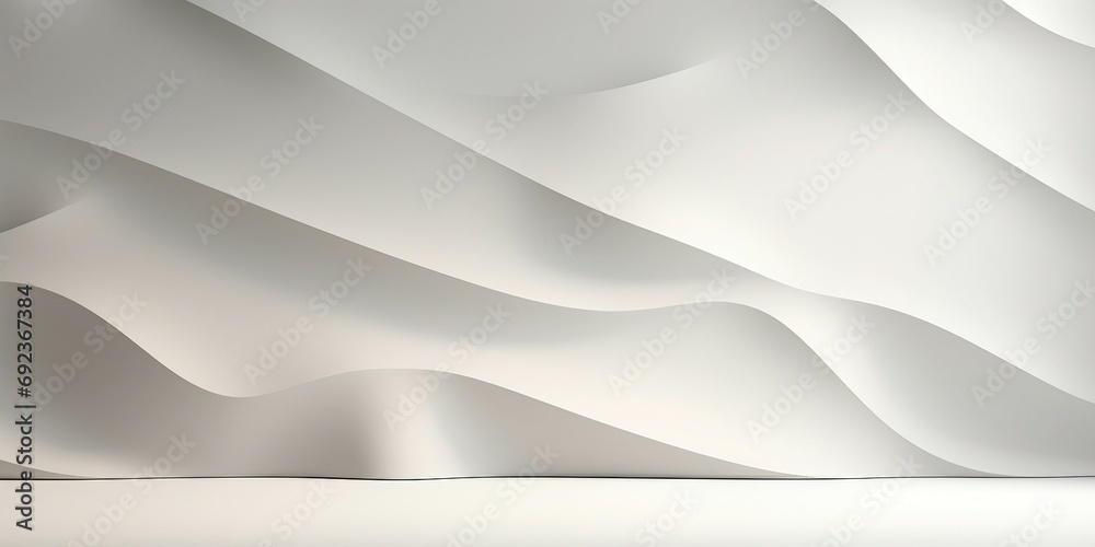 Obraz premium 抽象背景横長バナー。光が差す白い曲線的な壁と平らな床がある空間