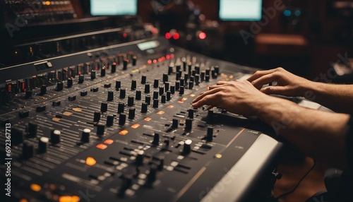Close-up of dj hands working on mixing desk in recording studio photo