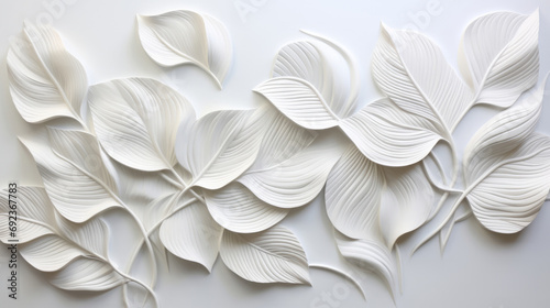 Leaves, embroidered in soft white. Delicate, artistic and nature-inspired design for fashion, decor and creative expressions. On textured canvas with a touch of botanical elegance. photo