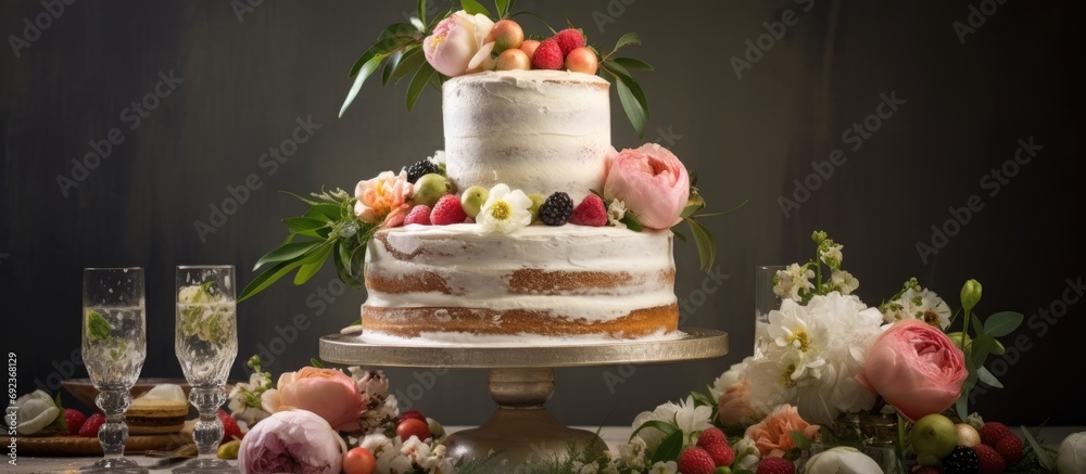 At the spring wedding celebration, amidst a vibrant background of blooming flowers and Easter handcrafted decorations, guests enjoyed delicious food, including a white chocolate cake, as they partied