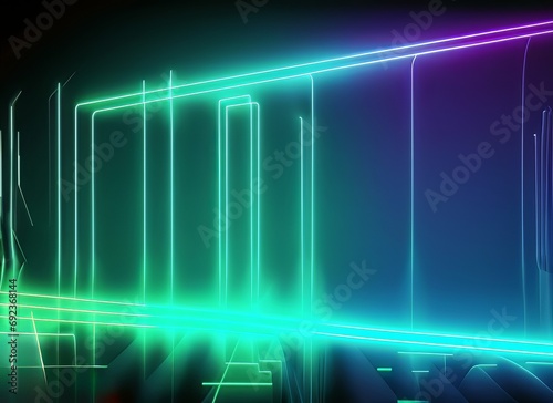 bstract futuristic neon background green blue lines, glowing in the dark Ultraviolet spectrum Cyber space Minimalist wallpaper.