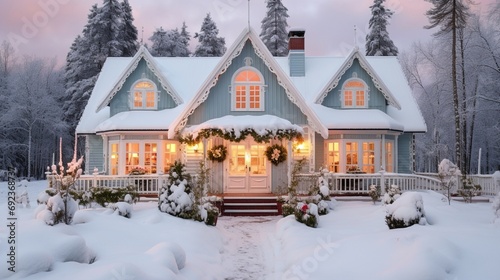 beautiful festive house covered with snow generated by AI tool