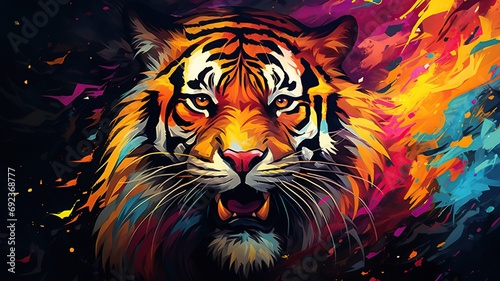 horizontal illustration of a tiger face and a colourful background AI generated © AlfredoGiordano