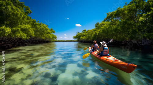 Couple kayaking together in mangrove river of the Keys, Florida, USA. Tourists kayakers touring the river of Islamorada. Generative AI. photo