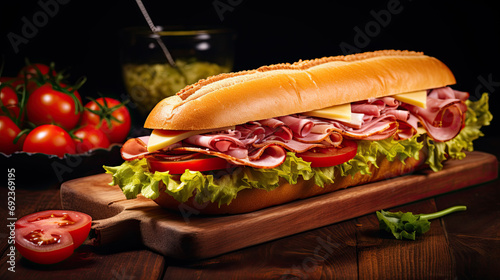 Tasty submarine sandwich on the wooden tableAI Generative photo