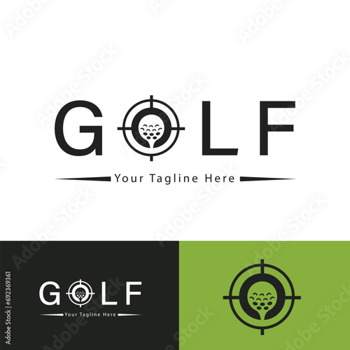 Golf logo with a golf ball, aim sight and flag with a putt hole in the ground. Best to use in sports related projects. printable merchandise vector.