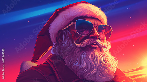 Portrait illustration of Santa Claus with sunset orange and purple colors wearing sunglasses and Christmas hat