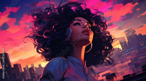Illustration of portrait of a young black afro american woman in bustling skyscraper city with sunset colors and hair blowing in the wind photo
