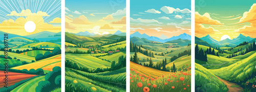 banner of farm landscape set, green hill, tree and mountain, Vector illustration, landscape background, wallpaper, poster, spring