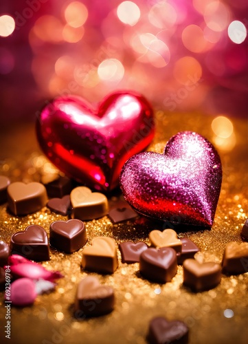 バレンタインデー、ハート型チョコレート、コピースペース、背景｜Valentine's Day, heart-shaped chocolates. Copy space, background. Generative AI