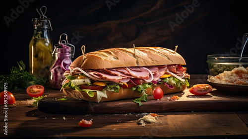 Tasty submarine sandwich on the wooden tableAI Generative photo