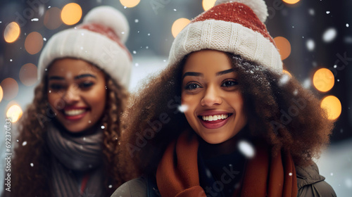 Happy afro-american women wearing cozy hats and scarves, looking and smiling at camera