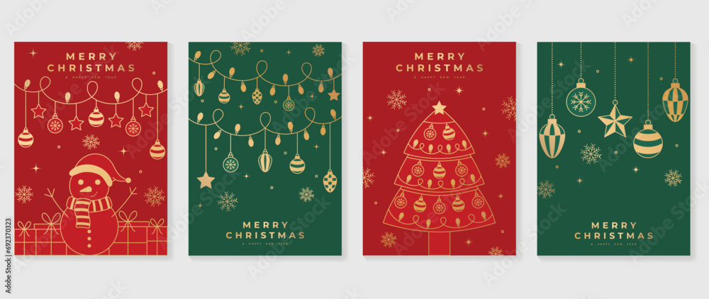 Naklejka premium Luxury christmas invitation card art deco design vector. Christmas tree, bauble ball, snowman, gift, snowflake line art on red and green background. Design illustration for cover, poster, wallpaper.
