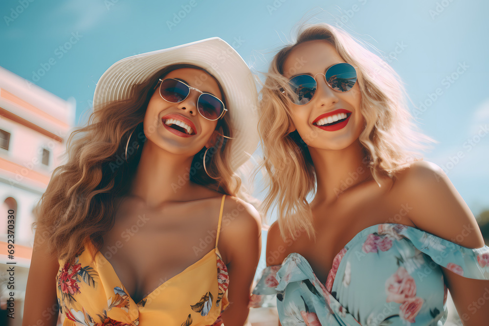 fashionable smiling girls expressing brightful emotions on sunny day. Generative AI. fashionable smiling girls expressing brightful emotions on sunny day. Generative AI.
