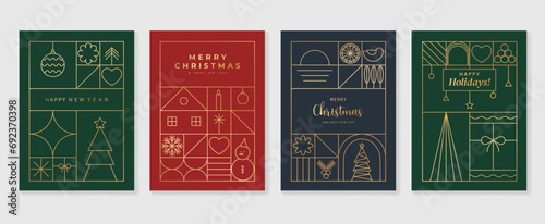 Luxury christmas invitation card art deco design vector. Christmas tree,   bauble ball, heart, snowflake line art on green, red and blue background. Design illustration for cover, poster, wallpaper.