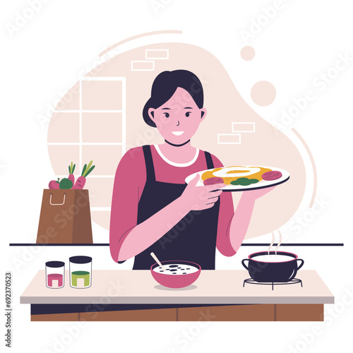 Woman cooking in the kitchen. Breaking news notification alert vector concept. Vector flat illustration