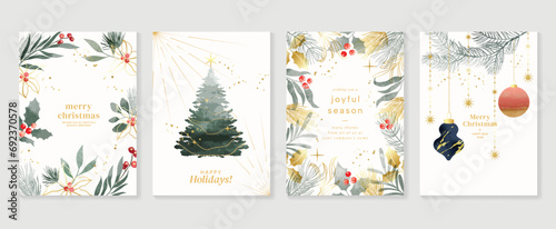 Luxury christmas invitation card design vector. Christmas tree,  bauble ball, foliage, holly berry line art, watercolor texture on white background. Design illustration for cover, poster, wallpaper. photo
