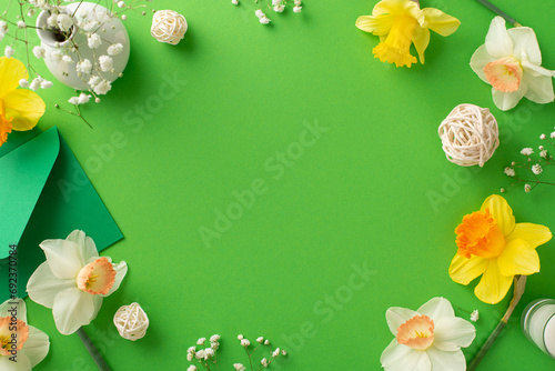 Celebrate the season of new beginnings with the beauty of fresh daffodils and gypsophila. From above, admire exquisite flowers and decorations on green isolated backdrop, ideal for text or advertising