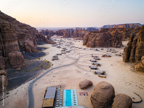 Drone  views of the sandstone canyons at  Habitas AlUla, Saudi Arabia.